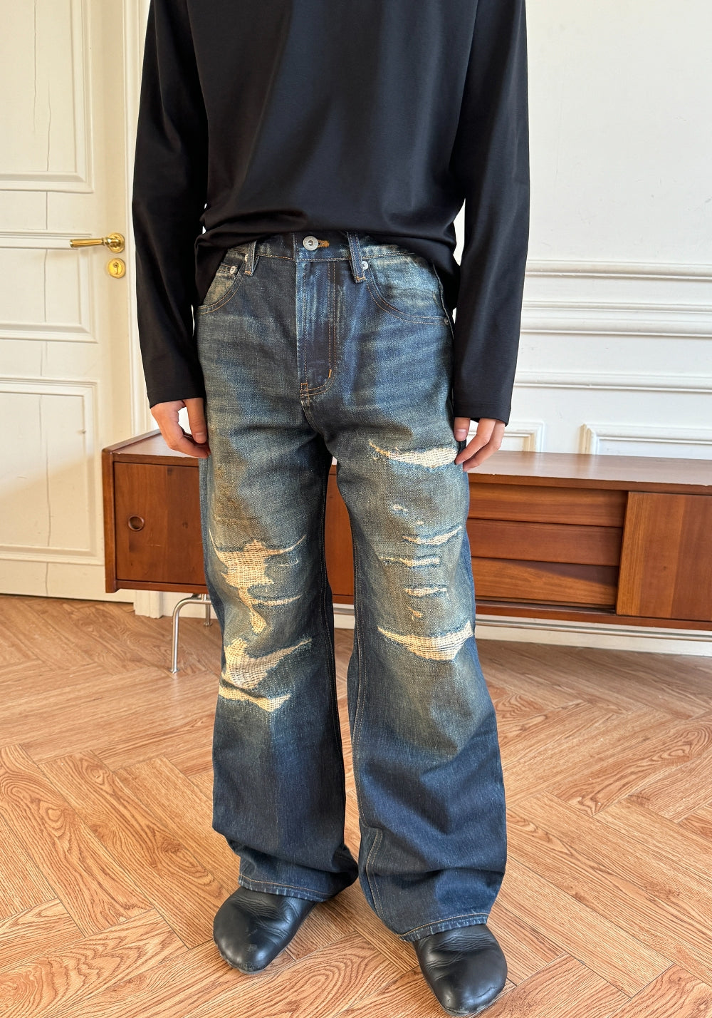 HAONANHUANG丨KONLI Print Distressed Flared Jeans - PSYLOS 1, HAONANHUANG丨KONLI Print Distressed Flared Jeans, Jeans, HAONANHUANG, PSYLOS 1